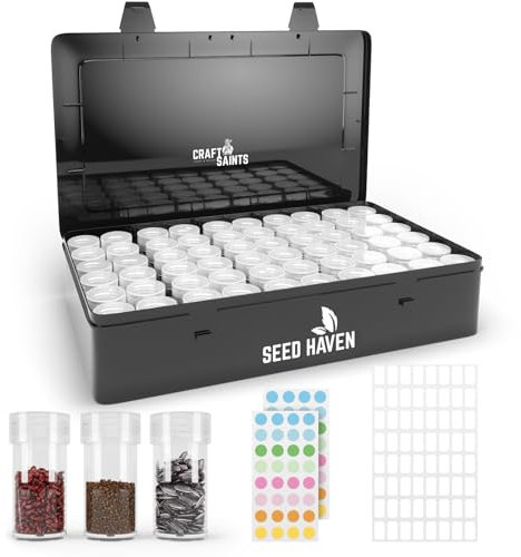 Seed Organizer Storage Box, Black Opaque Light Proof Seed Bank with 60 Transparent Bottles & Labels, Seed Holder Packet Organizer, Seed Vault Container for Homesteaders, Garden Tackle and Bead Sorter