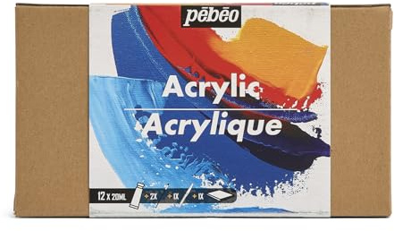 Pébéo - Acrilici da Studio - Set 12 Tubi 20 Ml Colori assortiti + Accessori - Kit di pittura acrilica per artisti e principianti - Pennelli + Spatola + Tela - Colori luminosi