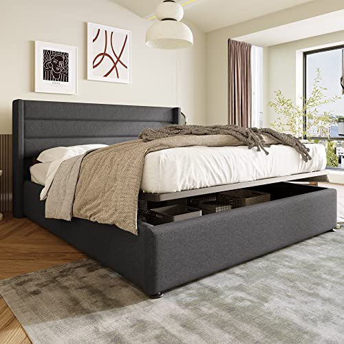 LATICO Bett 180x200 mit Lattenrost, Polsterbett Stauraumbett Hydraulisch Doppelbett 180x200cm, Bettgestell mit Lattenrost und Kopfteil, Grau Bett Bettrahmen Jugendbett - Leinenmaterial, Ohne Matratze