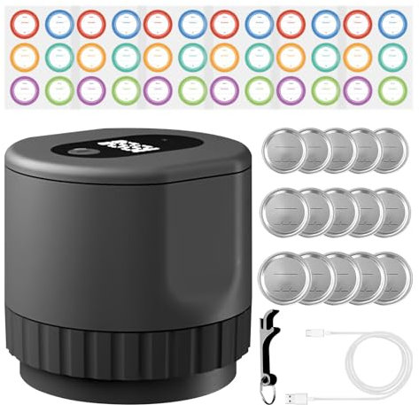 QENETY Mason Jar Vacuum Sealer, Electric Mason Jar Vacuum Sealer with LED Display, Mouth Mason Jars Cannning Vacuum Sealer for Food Storage, with 15 Jar Lids