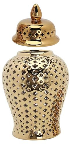 HOLIDYOYO Keramik-Ingwerglas Gitterporzellanglas Mit Deckel Geschnitzte Blumenvase Knoblauchtopf Kanister Ausgehöhlter Behälter Für Küche Tempel Hochzeit Schreibtisch Golden 2
