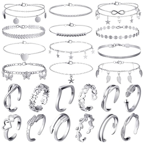 Sasylvia 24 Pcs Anklet and Toe Ring Set for Girl Women Silver Gold Layered Anklet Chain Adjustable Open Toe Ring Foot Jewelry(Classic,Silver)