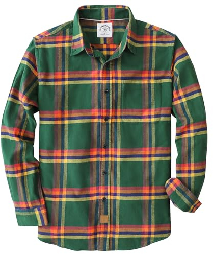 Dubinik® Flanellskjorta för män, 177 g ren bomull, mjuk, varm, långärmad, rutig, ledig skjorta med knäppning, för utomhusbruk, grön, orange, L