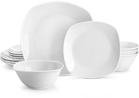 MALACASA Dinner Set for 4, 12 Pieces Porcelain Plates and Bowls Set, Gray White Ceramics Dinnerware Sets, Chip and Scratch Resistant Dishes Set Square Crockey Sets, Series Elisa