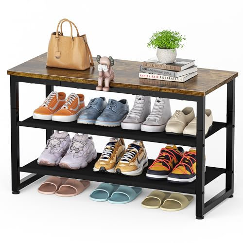 SIMPDIY Shoe Rack, 3 Tier Shoe Storage with Wooden Shelf, Shoes Bench Storage with Seat for Entryway Living Room Hallway Bedroom, Load Capacity 150 kg, Rustic Brown