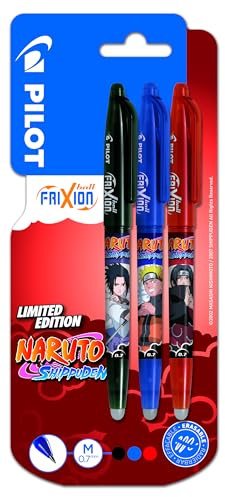 PILOT x NARUTO Frixion Ball radierbare Stifte – Limited Edition Naruto Shipudden – Nachfüllbare Tintenroller – Schwarz, Blau, Rot, Medium – 3 Stück