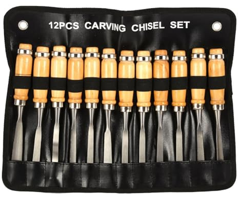 Oubit Wood Chisel Tool Set, 12pcs Woodworking Chisels Wood Carving Tools Trimming Down Wood Woodworking Lathe Gouges Tools with Roll-Up Carrying Case for Carpenter Craftsman