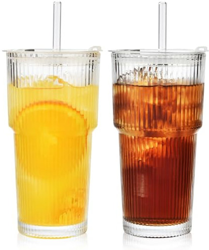 ALINK 2 Stück 600ml Gerippte Glasbecher mit Deckel und Strohhalm, Eiskaffee Gläser, Longdrinkglas Set, Smoothie Becher, luftdichtes und wasserdichtes Design, ideal als Kaffee