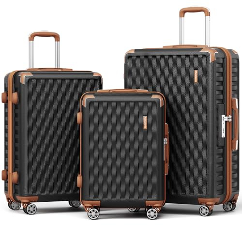 Melalenia Kofferset 3 Teilig Hartschale Leicht Reisekoffer von Trolley Handgepäck Sets mit TSA Schloss und 4 Rollen Schwarz