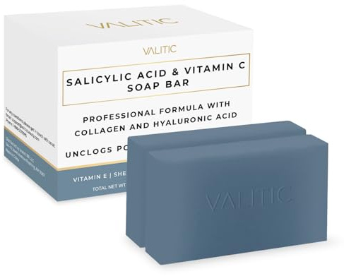 VALITIC Salicylic Acid and Vitamin C Soap Bar - Facial Cleanser and Exfoliating Body Wash for Blackheads, Enlarged Pores and Blemish Skin with Collagen, Hyaluronic Acid, Vitamin E - 2 Pack