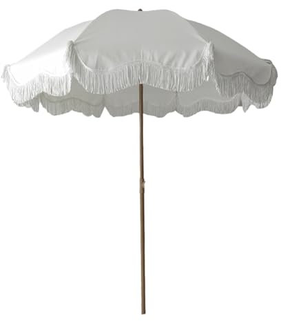 Parasol de plage blanc avec franges 200 cm/6,5 pieds, parasol de jardin rond inclinable, parasol de patio à pompons bohème, parasol de protection UV pour pique-nique, arrière-cour, piscine, pelou