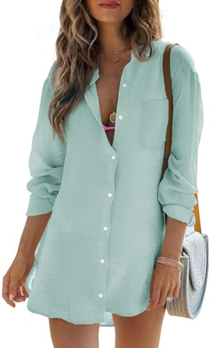 Cicy Bell Chemisier à manches longues pour femme - En mousseline de coton - Décontracté - Boutonné - Robe ample - Tunique - Robe de plage - Bikini Cover Up