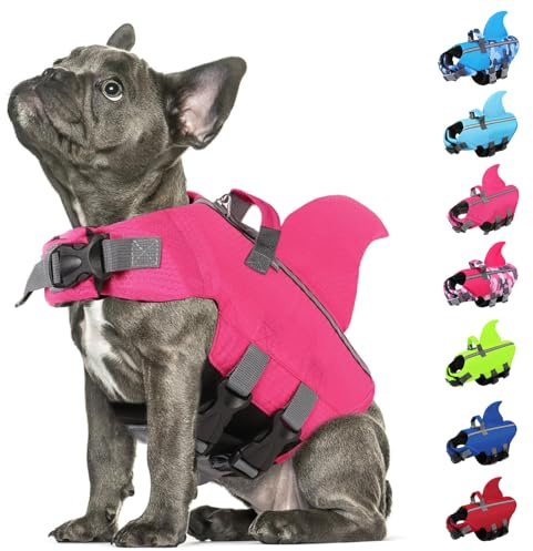 AOFITEE Schwimmweste Hunde Mittel Hai, Verstellbar Hunde Schwimmweste Hai mit Rettungsgriff, Reflektierende Rettungsweste Hund Hohe Flotation Schwimmweste Hundeschwimmweste für Mittlere Hund, Pink, M