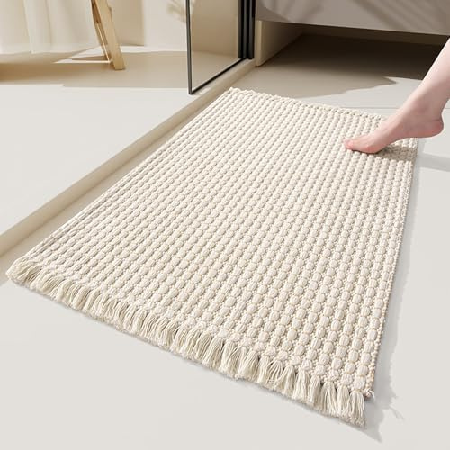 Yokqexz Tapis Salle Bain Antidérapant – Paillasson Tissé À Séchage Rapide for Salle De Bain, Entrée, Évier Cuisine, Tapis De Sol Absorbant l'eau avec Franges, Envers Antidérapant(Beige,40x60cm)