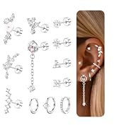Dochais 12Pcs Helix Piercings Chirurgenstahl Ohrringe Piercing Set Ohrpiercing CZ Ohrstecker Klein Ohrringe Creolen Silber Knorpel Cartilage Conch Tragus Rook Piercing Ohr Schmuck 18G für Damen
