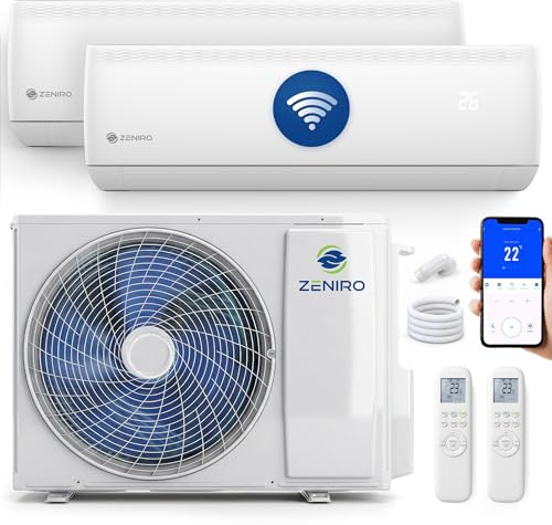ZENIRO Klimaanlage 2 Innengeräte Multi Split Set (2.6kW + 5,3kW) Klimagerät Air Conditioner mit Heizfunktion 21000 BTU 6,2kW A++ WiFi/App-Steuerung 4D AirFlow Heizen bis -20°C Vorgefüllt R32