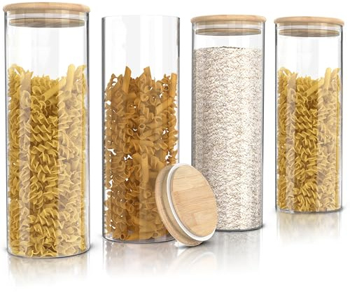 Arendo - Vorratsgläser mit Deckel - 4er Set - Behälter aus Glas – hitzebeständig – Vorratsdosen mit Bambusdeckel - luftdicht - für Müsli Zucker Mehl Kaffee Reis