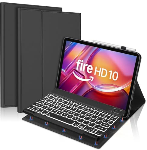 Keyboard Case for Fire HD 10 & 10 Plus 10.1 inch (13th/11th Gen 2023/2021) | Case for HD 10 & 10 Plus 10.1, 7 Colors Backlit UK Layout Bluetooth Detachable Keyboard, Black