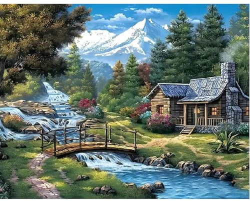 GLIDIAM 50x40cm Diamond Painting Haus im Wald, Diamant Malerei Bilder Landhausstil Berge, DIY Full Drill Basteln Erwachsene, Mosaik Stickerei Kreuzstich Geschenk für Wanddeko Wohnzimmer Schlafzimmer