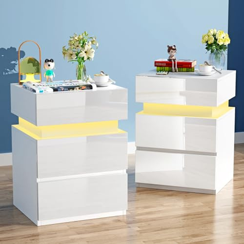 EXSELTMAN Nachttisch weiß 2er Set, Nachttisch mit Beleuchtung, Einstellbare 16 Farben, Kommode mit 3 Schubladen, Versteckte Schiebeschränke, Modern Schrank für Schlafzimmer Wohnzimm