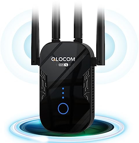 QLOCOM 2026 Newest1 WiFi Extender Booster AC1200 WiFi Booster Range Extender Dual Band 5GHz & 2.4GHz Wireless Internet Booster with 2800 Sq.Ft Wider Coverage, UK Plug