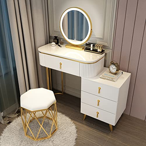 Sminkbordsset med justerbar LED-spegel vadderad pall och 5 lådor förvaring för hem sovrum dekor vit och guld 80 cm