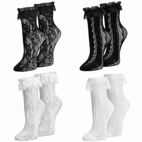 Chaussettes Dirndl pour femmes à volants, chaussettes en dentelle, 4 paires de chaussettes traditionnelles pour femmes, chaussettes à volants, chaussettes en dentelle ajourée pour femmes et filles