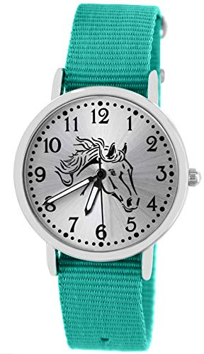 Pacific Time Kinderuhr Pferd Mädchen Jungen Armbanduhr analog 5 ATM | Schwarzer Pferdekopf, Sunray-Zifferblatt, fluoreszierende Zeiger, 5 ATM wasserdicht, Mineralglas, Nylonarmband 16 mm