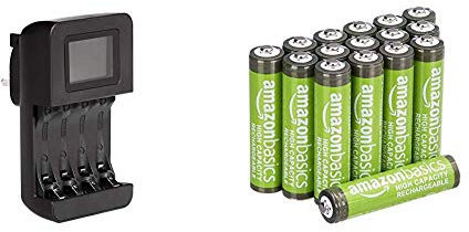 Amazon Basics Intelligent Digital Battery Charger for 4 AA, AAA & AAA High-Capacity Rechargeable Batteries 850mAh (16-Pack) Pre-charged