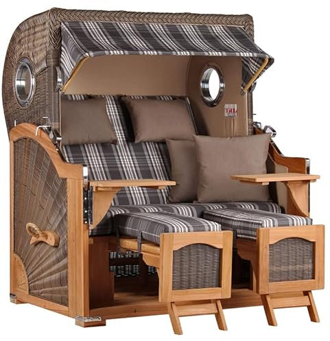 MR. DEKO® Strandkorb Düne Grande XL 2,5-Sitzer Teak | PE Geflecht Grey - Dessin 522 | Volllieger Strandstuhl mit Bullauge inkl. 2 Fußablagen | je 2 Kissen und Nackenkissen | Strandkörbe aus Teakholz