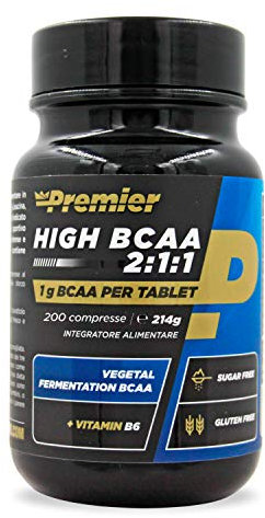 Premier Integratori High BCAA 2:1:1 | Aminoacidi Ramificati di alta qualità e facile assorbimento | senza glutine - con vitamina B6 (200 compresse)
