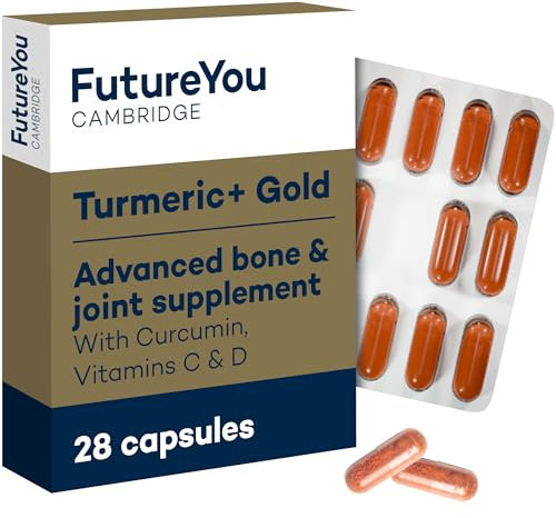 Turmeric+ Gold Supplement – 28 Turmeric Capsules High Strength – Curcumin Capsule Patented Meriva Formulation with Vitamins C & D – Tablets for Bones, Joints & Muscles by FutureYou Cambridge.