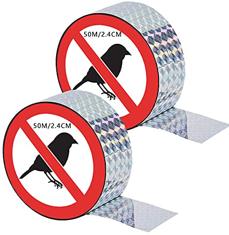 Ruikdly Vogelschutz Reflektierendes Band, 2 Rollen 50m x 2.4cm Vogel Abschreckungsband Taubenabwehr Balkon Pigeon Repellent Balcony Doppelseitige Verbreiterung Abschreckungsband für Gärten und Dächer