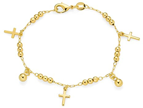 Bling Jewelry Bracelet Religieux Chrétien Spirituel Perles Cloches Pendre Breloque Multi Croix Pour Femmes Ados Laiton Plaqué Or 18K 7.5 Inch