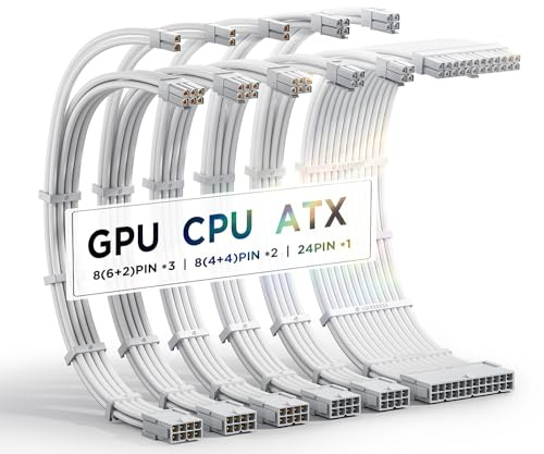 AsiaHorse Aktualisierung 16AWG Sleeved Cable Kit für PC/GPU/CPU, PSU Kabelverlängerung, PC Netzteil Extensions Kabel mit Kabelkämmen,24PIN/(6+2) PIN/(4+4) PIN Kabelmanagment, 30CM, Voll Weiß