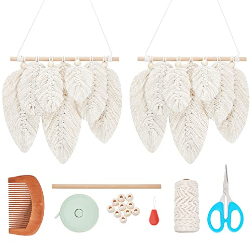 FREEBLOSS 2 Set Makramee Feder Bastelset 100 m Makramee Schnur und 20 Holzperlen, Boho Makramee Wandbehang, Dekoration, Makramee Blatt, Wandbehang, handgefertigtes Geschenk für Mama und Mädchen