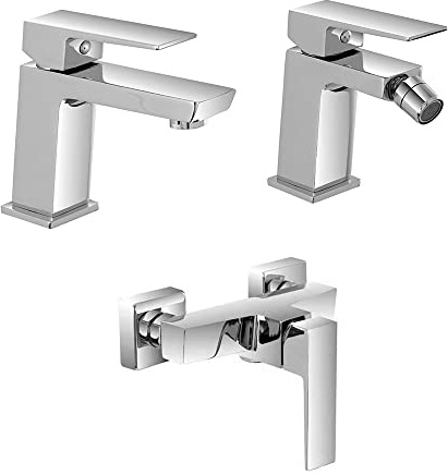 Set rubinetti miscelatori lavabo bidet e doccia esterno cromati, scarico click clack incluso, serie Kubo (Set Lavabo Bidet e Doccia esterno)