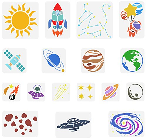 FINGERINSPIRE 17 Stück Weltraum Universum Planeten Schablone 30cm-15cm Rakete Galaxie Sonne Malerei Schablone Raumschiff Stern Himmelskörper Schablone für Fliesen Scrapbook Fotoalbum Raumdekoration