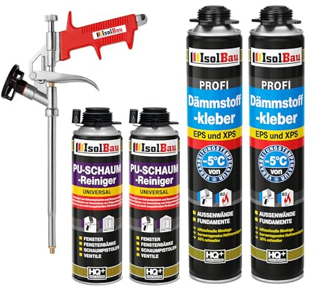 Isolbau Kit de colle isolante pour EPS & XPS - Avec 2 mousses adhésives WDVS (750 ml), 2 nettoyants en mousse PU et 1 pistolet à mousse
