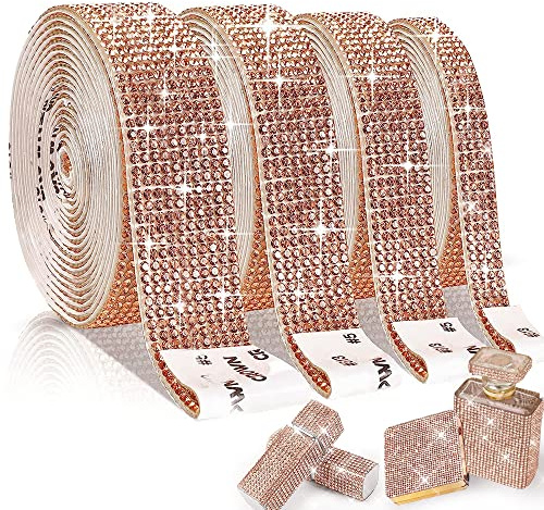 EANLOLY 4 Rollen selbstklebendes Strassband Kristall Diamant Dekoration Aufkleber Bling Kunst Handwerk für Event Hochzeit Party Auto Telefon (Champagner Gold)