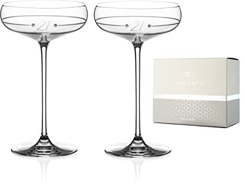 DIAMANTE Paire de soucoupes à champagne en cristal Swarovski pour 21ème anniversaire - 21 verres à cocktail avec 21 cristaux Swarovski gravés à la main - Coffret cadeau - Lot de 2