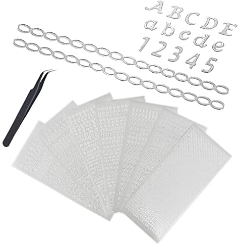 JZK 7 Blatt Kunststoff Metallic Silber Alphabet Buchstaben und Zahlen Aufkleber Kettenaufkleber mit Pinzette Groß- und Kleinbuchstaben Aufkleber Dekorative Aufkleber für Scrapbook Basteln Kerzen