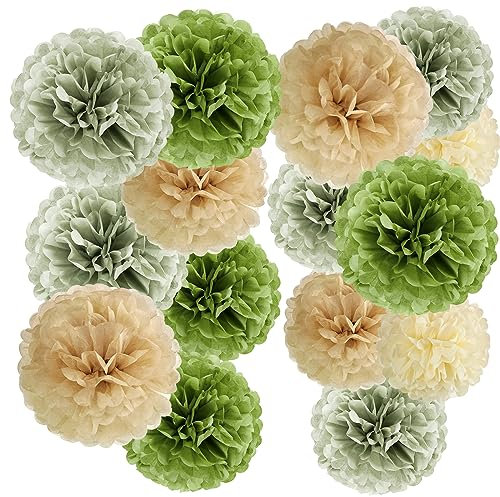 SUNBEAUTY Pompon Decorativi 15 Pompon Decorativi Colore Beige, Marrone, Verde, Carta Velina, per Matrimoni, Decorazione da Tavolo, Feste in Giardino, Compleanni, Feste