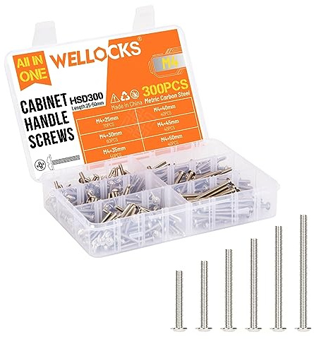 WELLOCKS Lot de 300 vis pour poignées d'armoire | M4 25-50 mm Assortiment de vis de machine | Tête plate cruciforme en métal | Pour armoire et tiroir (HSD300) | Argent