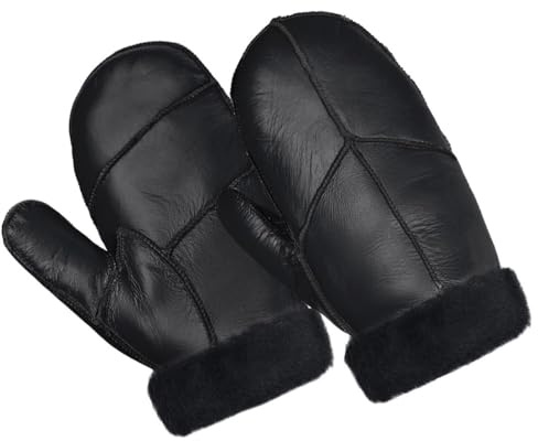 Harssidanzar Männer Fäustlinge für Winter,Lammfell Shearling Pelz gefüttert Warme Echtleder Fäustlinge Handschuh KM054EU,Schwarz,Größe L
