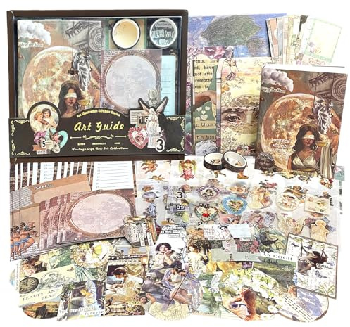 232PCS Vintage Scrapbook Zubehör Set Ästhetisches Junk Journal Set mit A6 Raster Notizbuch Journaling Zubehör Sticker Scrapbook Supplies Reise Retro Scrapbook Papier DIY Geschenk für Mädchen Damen
