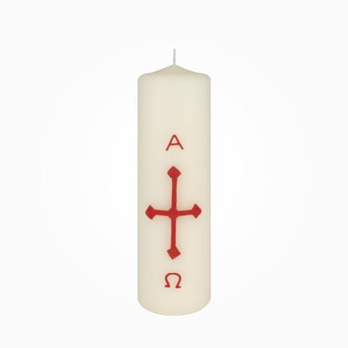 Jaspers Hausosterkerze, Ostertischkerze 200 x Ø 60 mm Kreuz, A+O in Rot (Wachsauflage)