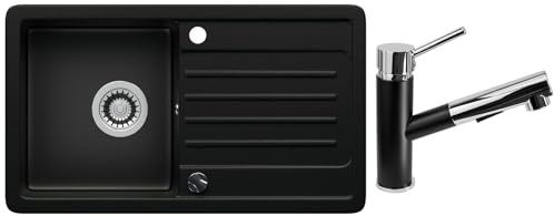 RLINDBERGH® Küchen Granit-Spüle Schwarz VEL44 + 1-Nero Siphon, Verbundstoffe Made in Germany, Spülen Küche Küchenspüle Spülbecken Kitchen Waschbecken Sinks Einbauspüle, inkl. Imprägnierung