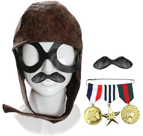 Fliegermütze für Erwachsene – braune 1940er Fliegermütze mit angenähter Brille, grauer Tash, Kriegsmedaillen aus Kunststoff – Erwachsenenkostüm zum Welttag der Buchwoche
