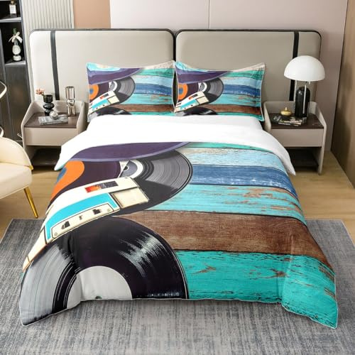 Musical Lovers 100% Cotton Comforter Cover Queen Audio Cassette Music Duvet Cover for Kids Boys Girls Barn Door Wooden Brown Green Quilt Cover Vintage Tape Record Bedding Set 3Pcs(Not Comforter)